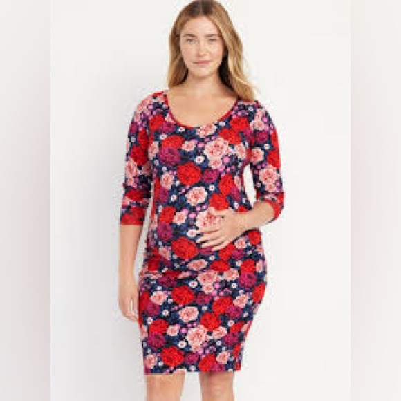 Old Navy Maternity Red Floral Cotton Bodycon Dress Large - Picture 1 of 9